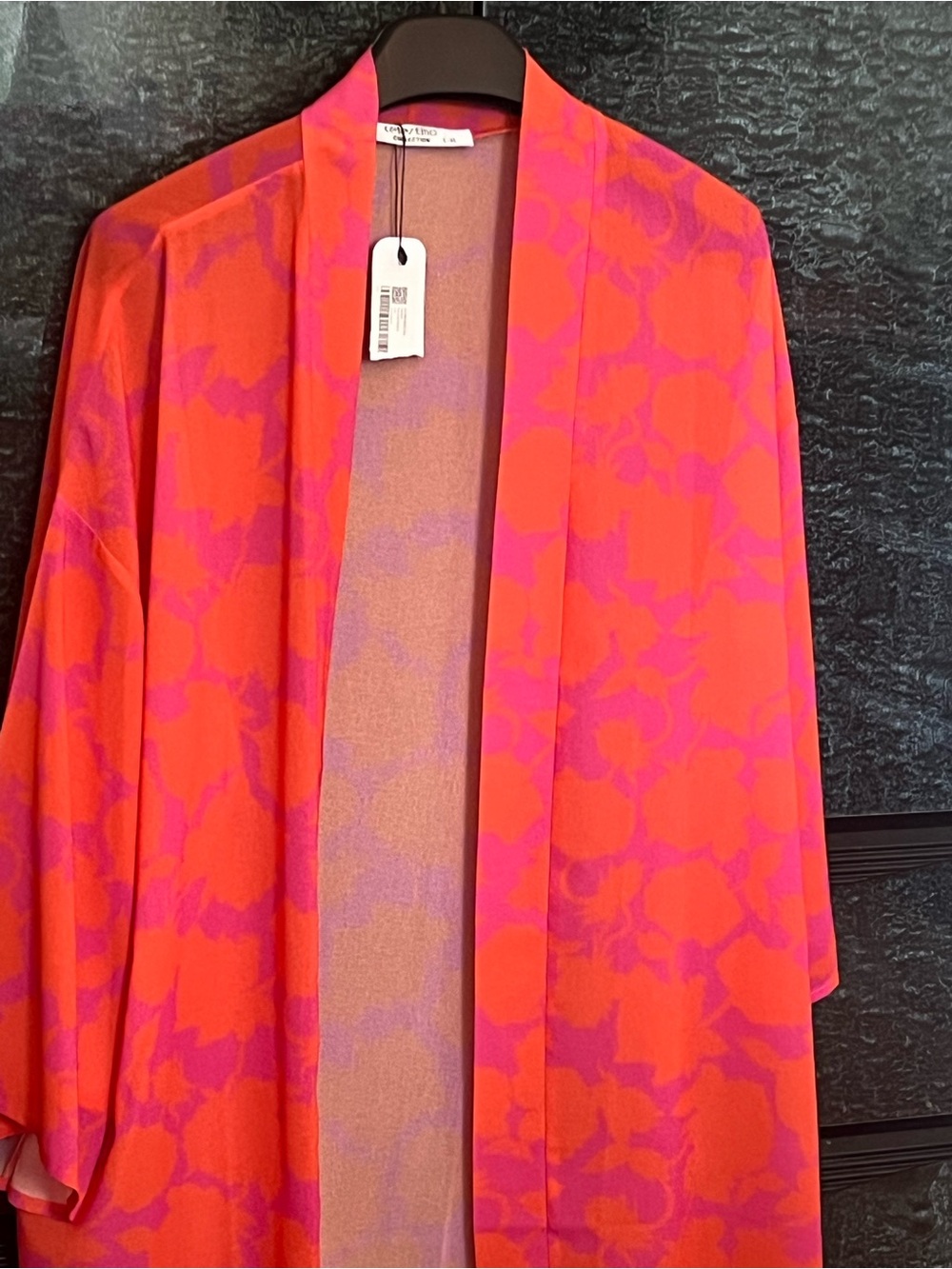 Bright Orange-Pink Floral Beach Cover-Up Kimono Cardigan - Picture 5 of 6